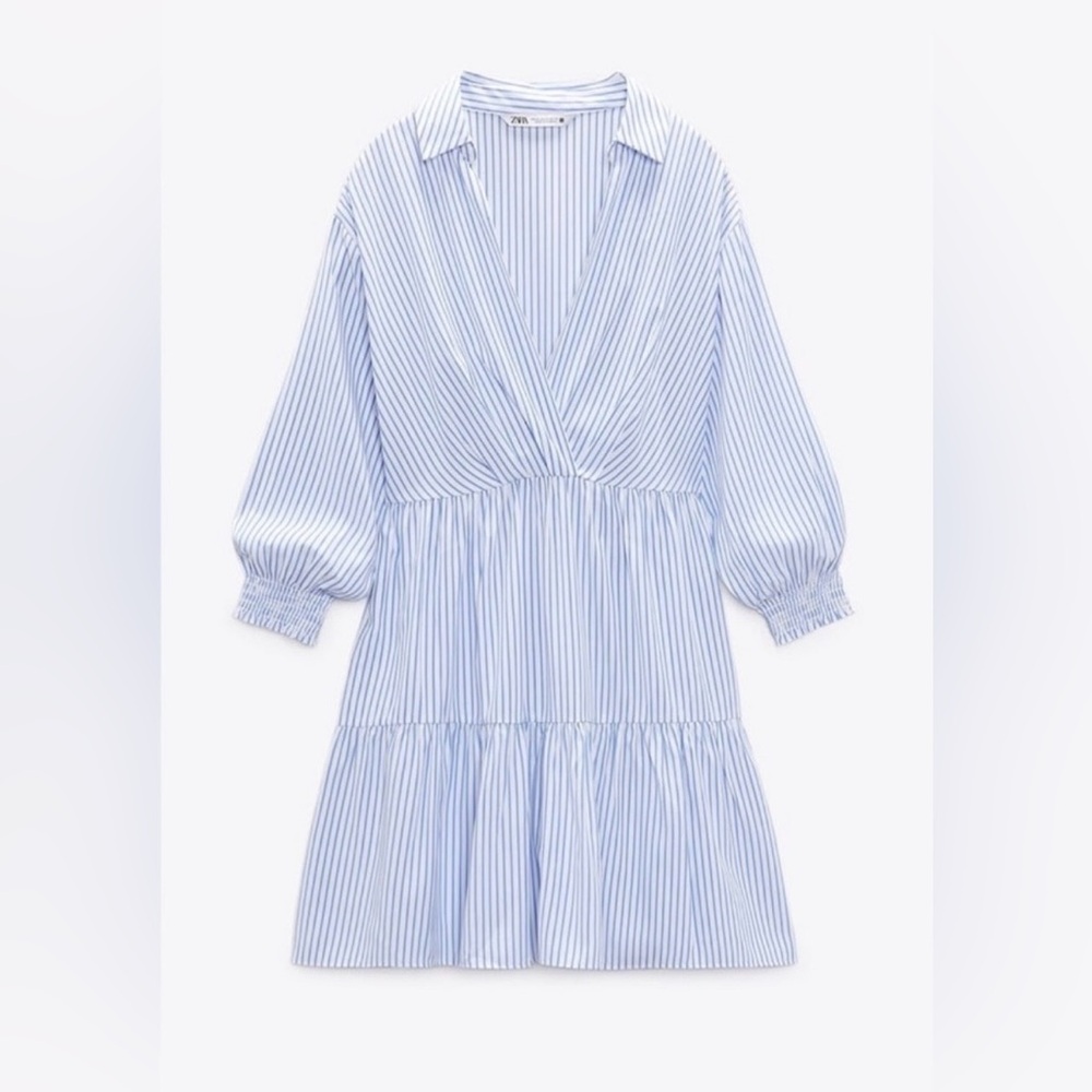 Zara NWOT Women’s Blue & White Vertical Striped Tiered Mini Dress, Size Large. - Picture 7 of 11